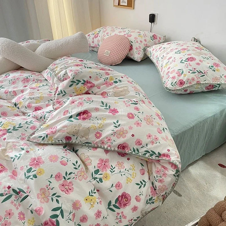 Rynx | Bedding set INS Girls Cherry Soft washed cotton bed sheet Queen King size duvet set Comforter set pillowcase bedding