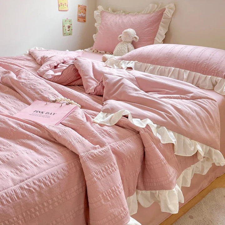 Rynx | Korean Princess Style Summer Cool Quilt Comforter Soft Seersucker Lace Ruffle Summer Thin Quilt Blanket Machine Washable