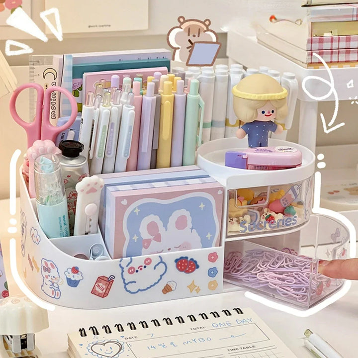 Rynx | Japanese Style Desktop Pen Holder Cute Multifunctional Large Capacity Partition Drawer Desk Stationery Organizer Storage Box