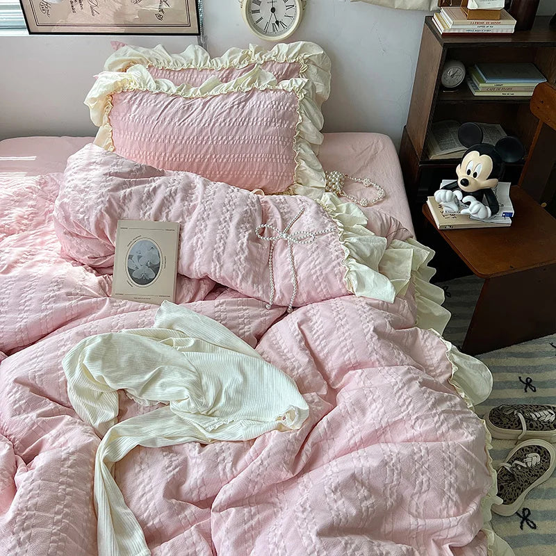 Rynx | Pink Korean Princess Style Lace Ruffles Bedding Set Skin-Friendly Seersucker Duvet Cover Set Fitted Sheet/Bed Sheet Pillowcases
