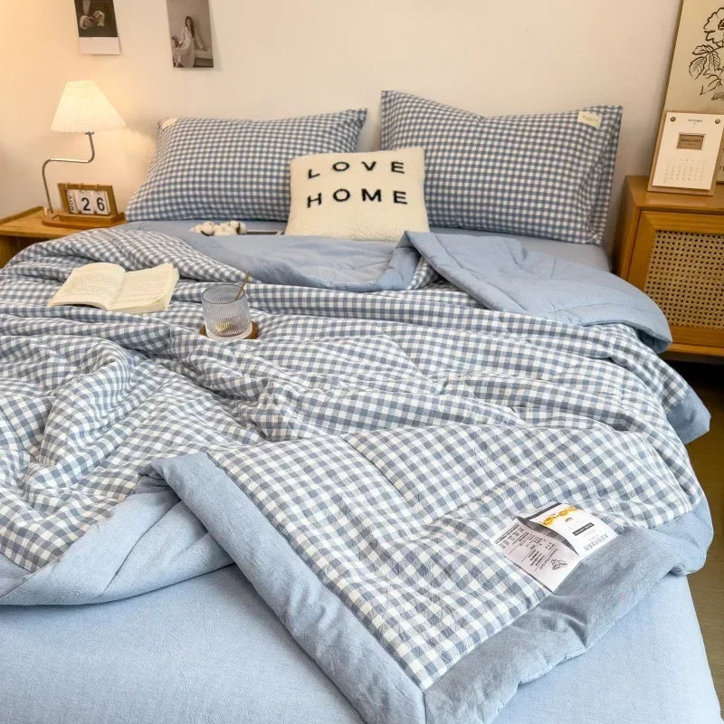 Rynx Summer Duvet Machine Washable Bed Cover Grid King Size Blanket Double Cotton Soft Fashion Air Conditioning Cool Quilt