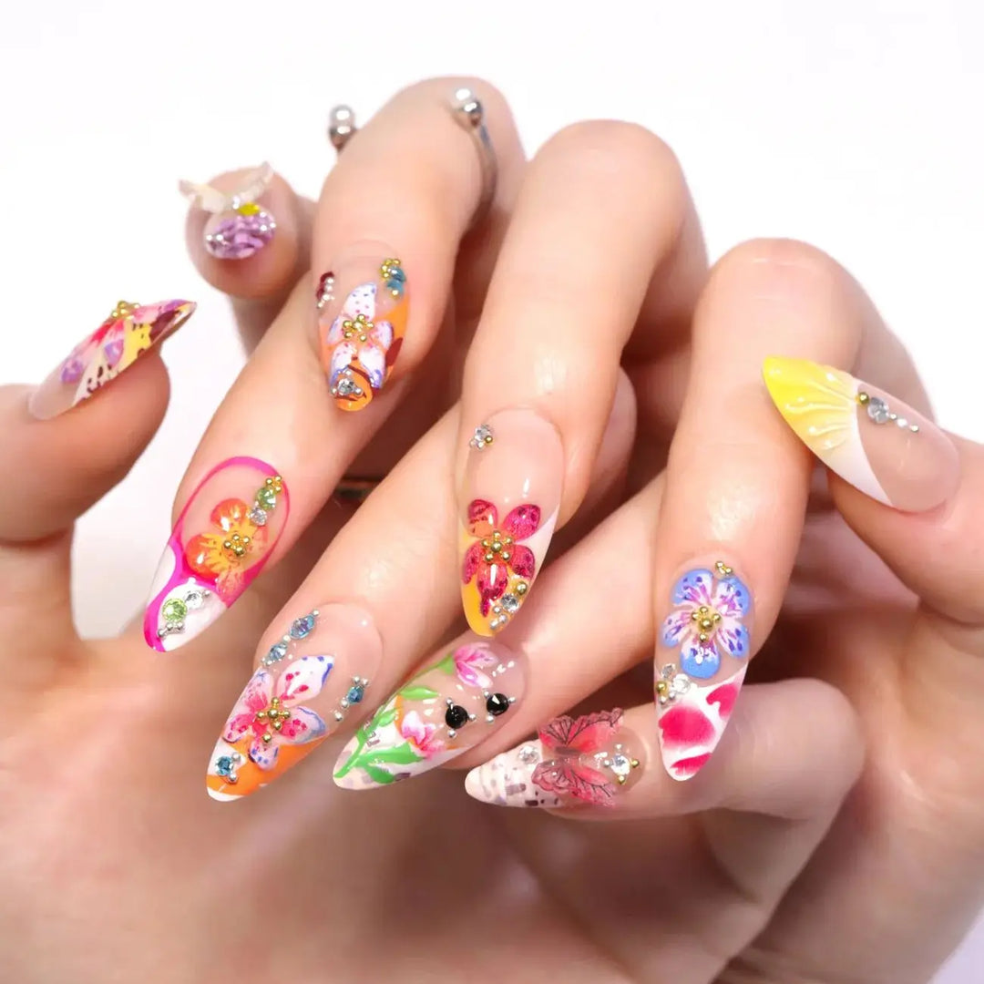 Rynx | 3D Flower Shell Water Drop Ripple Artificial Nails Black White Leopard French Removable Finished Artificial Nails Press on Nail with Glue