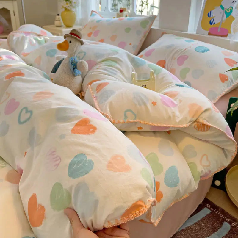 Rynx | In the Bedding Set Purple Love Stripes Double Layer Yarn Four-Piece Dorm Girl Heart Bed Sheet and Quilt Set Washed Cotton
