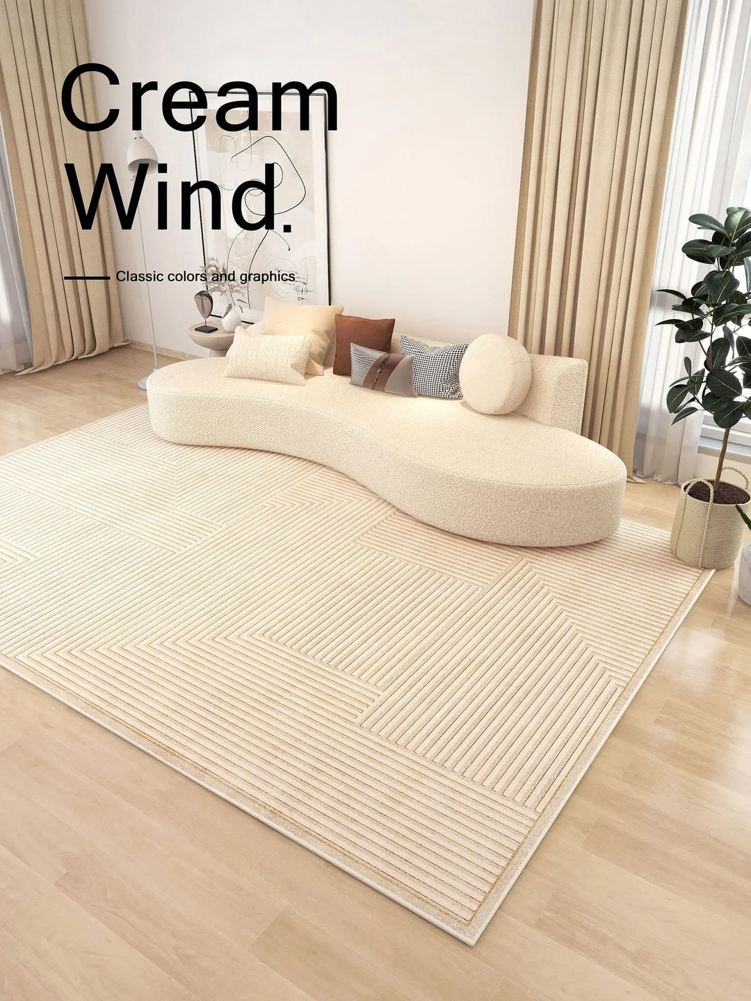 Rynx | Minimalist Beige Art Stripe Carpet Comfortable Luxury Bedroom Rugs Soft Large Area Living Room Carpet Abstract Lines Balcony Rugs