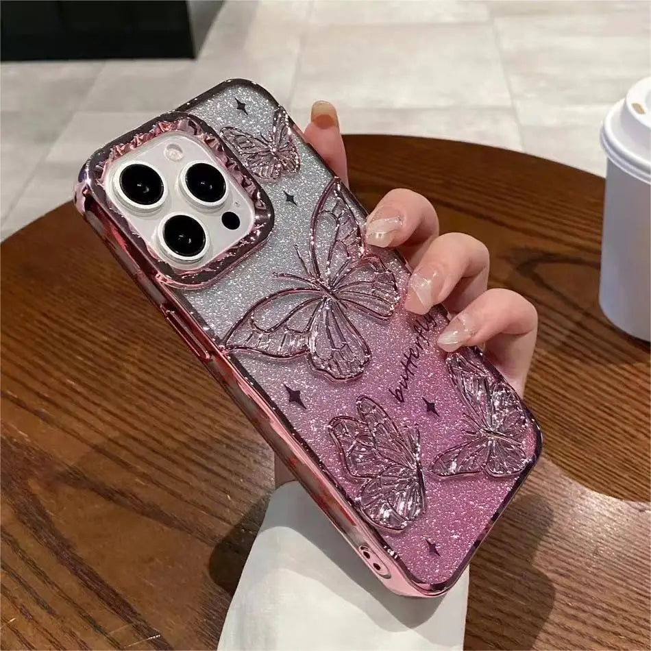 Lisslune | 3D Bling Glitzer Schmetterling Quicksand Farbverlauf Handyhülle Für iPhone 16 15 14 13 12 11 Pro Max 16 Plus Beschichtung Stoßfest Hülle