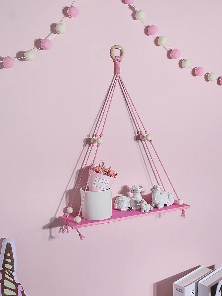 Rynx | Pink Wood Shelf Hanging Decoration Display Stand Wall Decoration Floating Shelf Nordic Room Decoration Aesthetic for Girls Children's Room