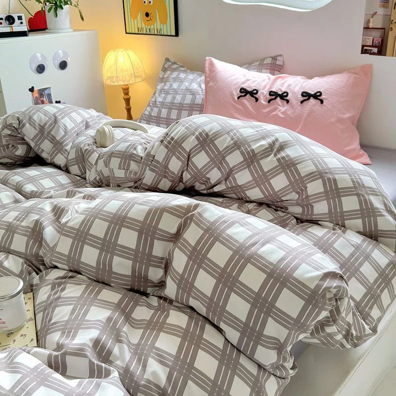 Rynx | Korean Bedding Set INS Girls Striped Soft Washed Cotton Bed Sheet Set Queen King Size Duvet Set Pillowcases Bed Linen