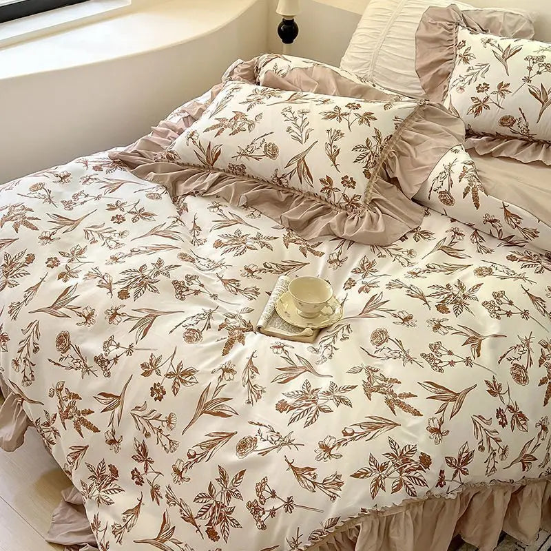 Rynx | French Retro Lightweight Luxury Washed Cotton Four-Piece Set Bedroom Lace Bedding Set Single Bedding Set Dorm Bedding