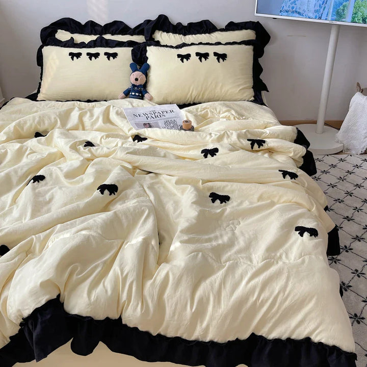 Lisslune | Einfarbige Klimaanlage Quilt Schwarze Schmetterlingsstickerei Einzelne Königin Bettwäsche Einfaches Rüschendesign Mädchen Kinder Quilt