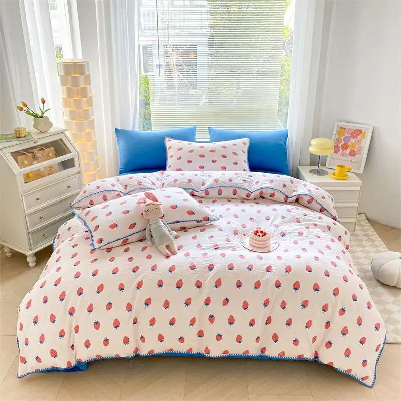 Lisslune | Ins Washed Double-Layer Garn Shell Stickerei Vier-Teiliges Bett Spannbettlaken