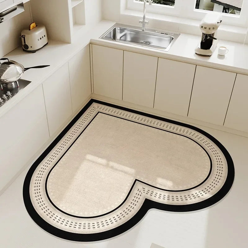 Rynx | Beige Cream Style Heart Pattern Kitchen Mat Irregular Water Absorbent Decorative Mat Easy to Clean Cuttable PVC Carpet