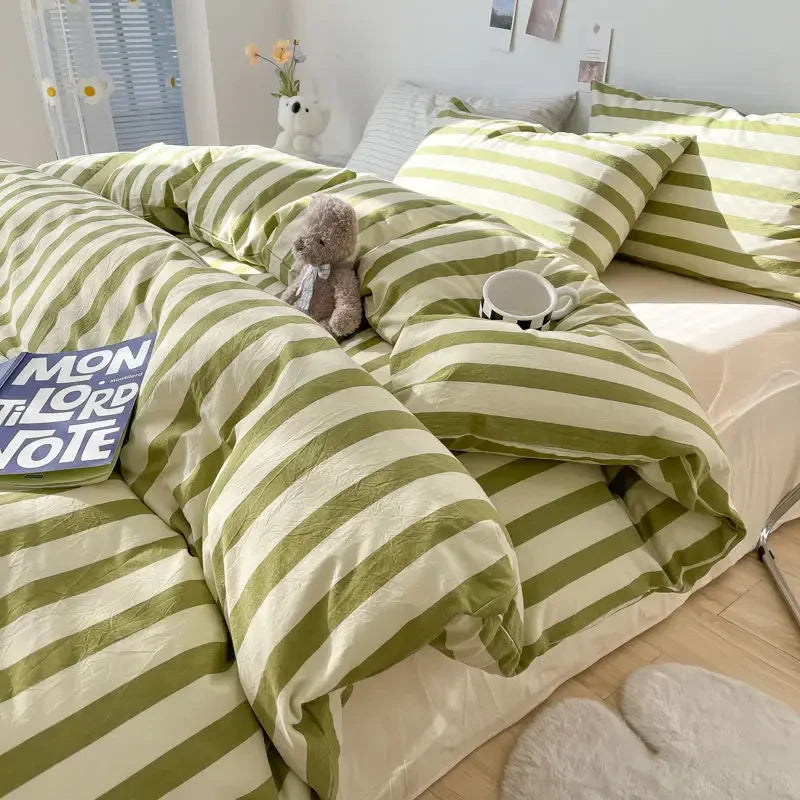 Rynx INS Checkered Bedding Set Pink Green Bedding Nordic Duvet Cover Pillowcase Queen Size Fitted Sheet Adult Children Bedding
