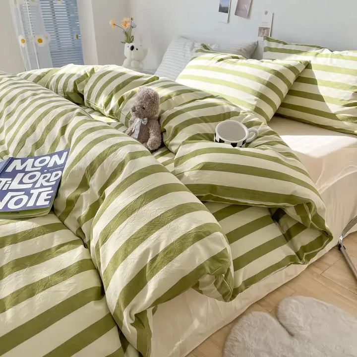 Rynx INS Checkered Bedding Set Pink Green Bedding Nordic Duvet Cover Pillowcase Queen Size Fitted Sheet Adult Children Bedding