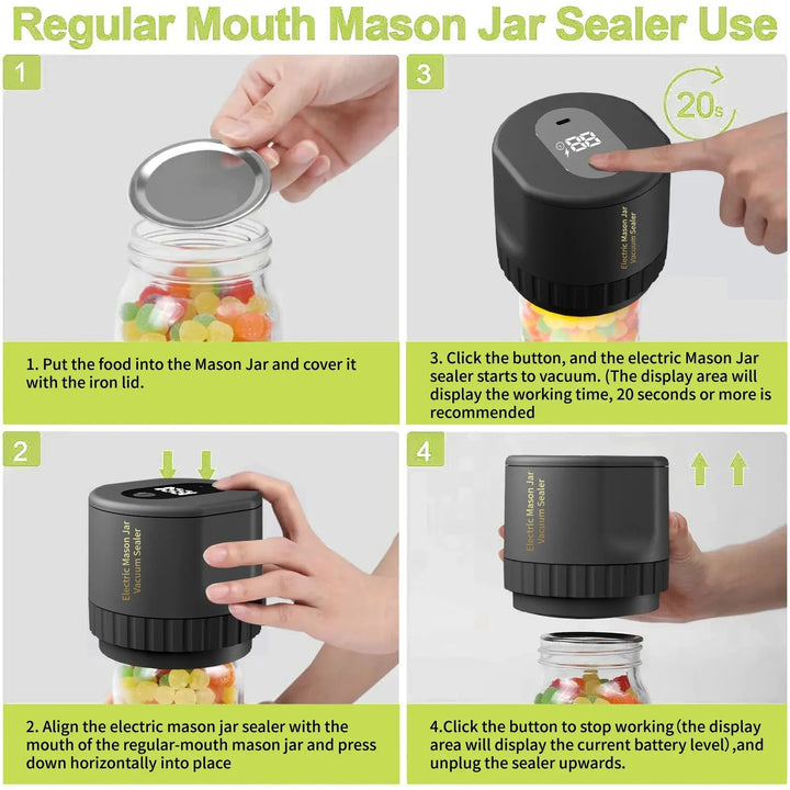 Lisslune | Electric Mason Jar Vacuum Sealing Set - Cordless Sealer for Wide Mouth and Regular Mason Jars - Ideal for Food Storage