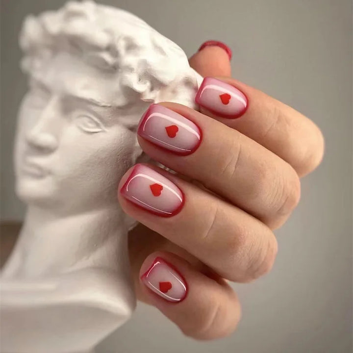 Rynx | Red Love Heart French Sweet Nail Art Nude Pink Artificial Nails Removable Finished Fingernails Valentine's Day Gift Press-on Nails With Glue