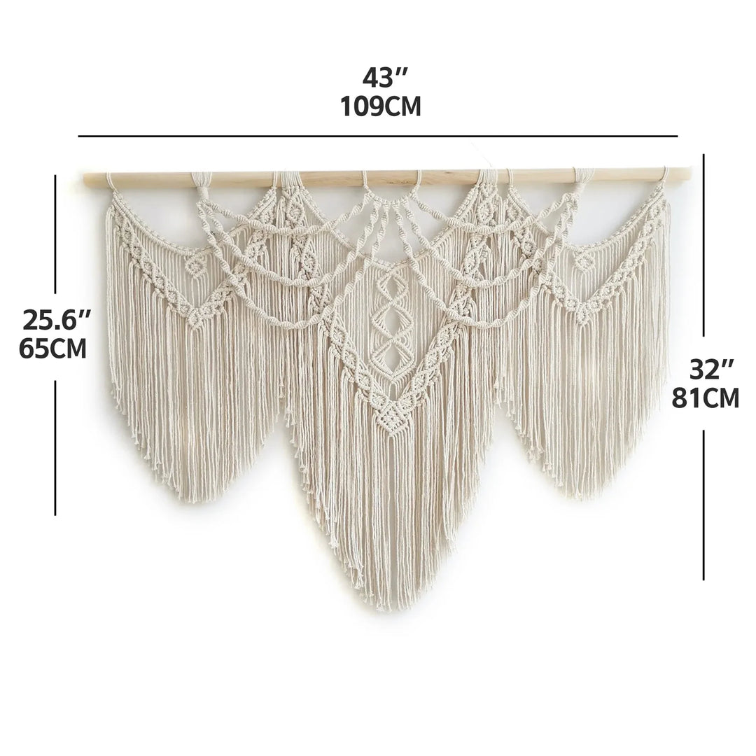Rynx | Large Macrame Wall Tapestry Handcrafted Cotton Rope Tassel Pendant Wall Hanging Rug with Wooden Stick Handwoven Bohemia Tassel