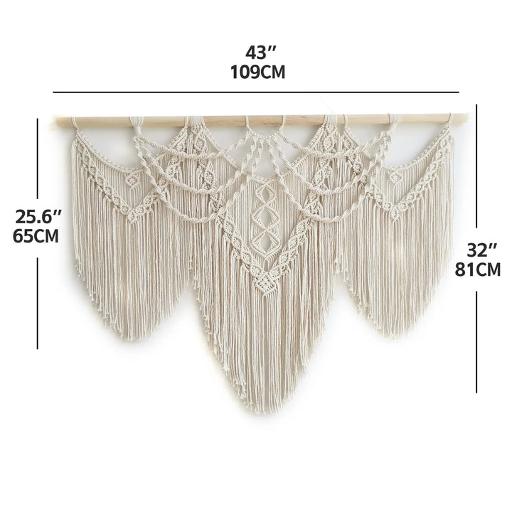 Rynx | Large Macrame Wall Tapestry Handcrafted Cotton Rope Tassel Pendant Wall Hanging Rug with Wooden Stick Handwoven Bohemia Tassel