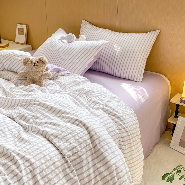 Rynx | Green striped duvet cover pillowcase and solid colored sheets in bedding set adult girl's bedding washed cotton bedding