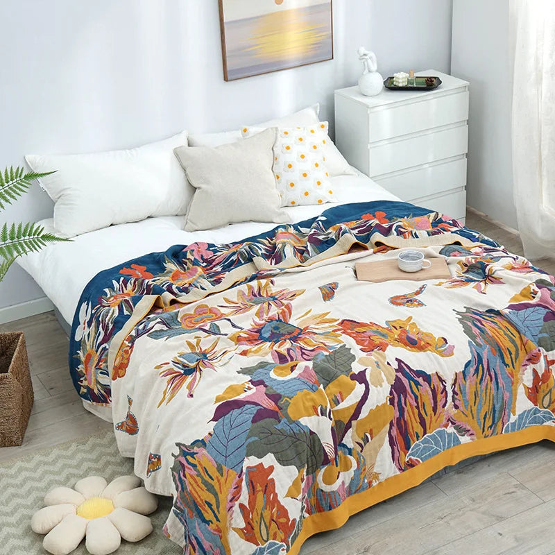 Rynx | Textilstadt Ink Flowers Scent Cotton Multilayer Gauze Towel Blanket Summer Cool Throw Blanket Bedroom Comfortable Bed Sheets 240x250