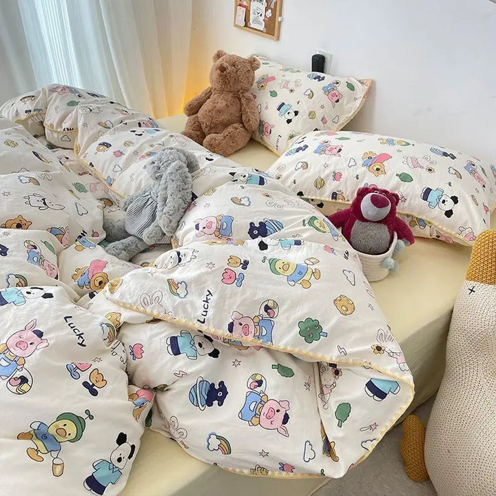 Rynx | Bedding Set Flora INS Girls 2024 New Tulip Rabbit Double-layered Bedding Set of four pieces washable cotton Bed Sheets Duvet Cover Set