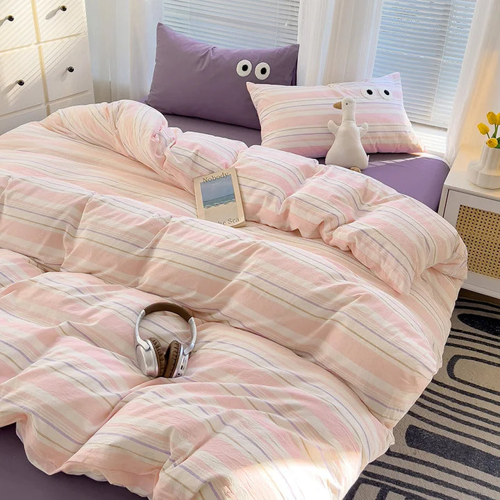Rynx | Striped Bedding Comfort Set with Pillowcase Bed Sheet Twin Size Full Size Bedding Duvet Set Queen/King Double Twin Bed