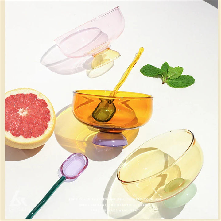 Rynx | Stained Glass Transparent Tapestry Bowls Spoon Set High Borosilicate Glass Bowl Fruit Salad Dessert Bowls Tableware