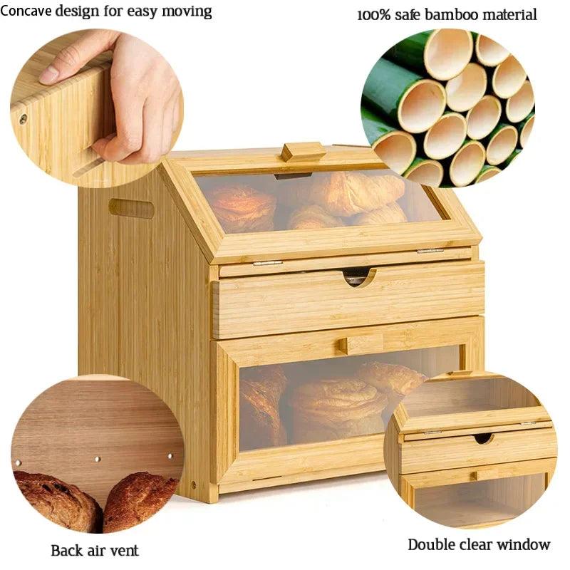 Lisslune | Elegant 3-tier bamboo bread storage box with clear viewing window - Stylish organizer for freshly baked goods