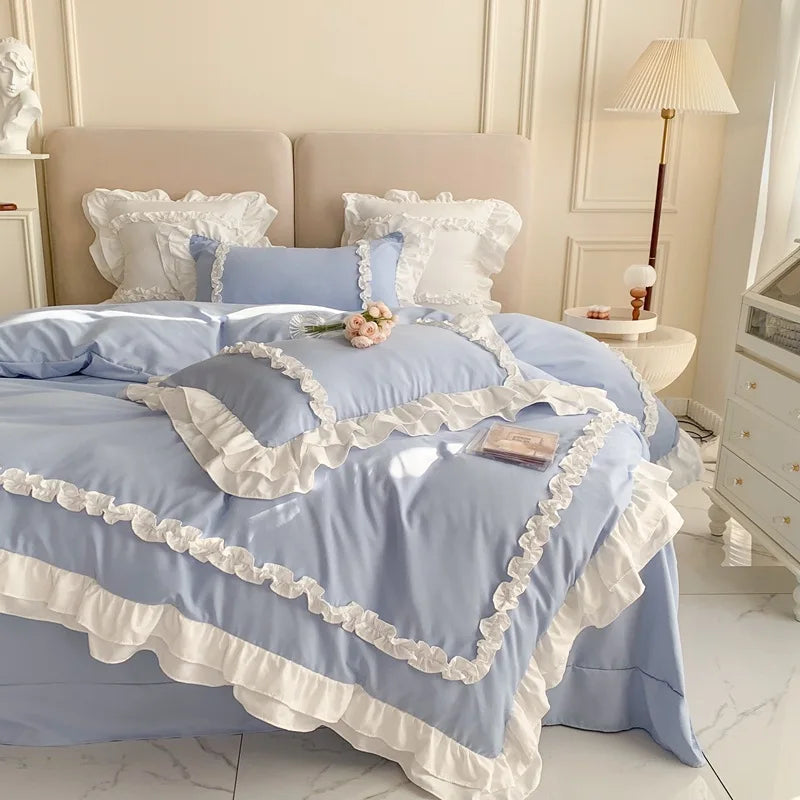 Rynx Elegant Lace Bedding Sets Luxury Bedding Princess Washed Cotton Ruffle Duvet Cover Bed Sheet and Pillowcases for Girls Luxury