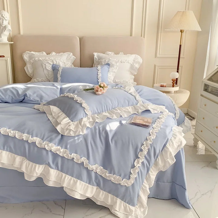 Rynx Elegant Lace Bedding Sets Luxury Bedding Princess Washed Cotton Ruffle Duvet Cover Bed Sheet and Pillowcases for Girls Luxury