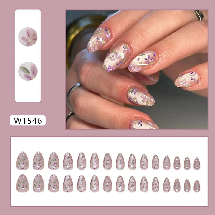 Rynx | 24 Pieces Purple Cat Eye Press-on Almond Nails with Delicate Floral Patterns Romantic False Fingernails for Women & Girls Elegance Wear