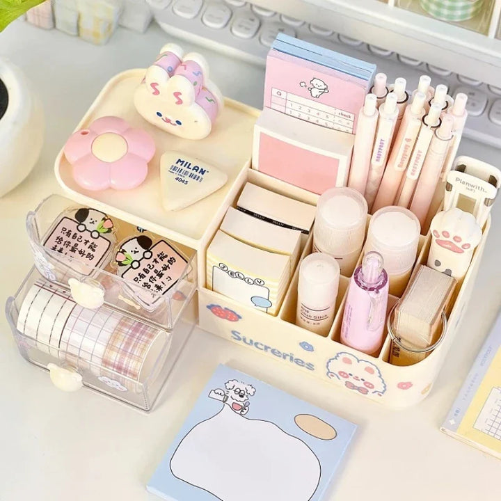 Rynx | Kawaii Desk Organizer Storage Box Cute Bear Handle Drawer Stationery Pen Holder Sticky Notes Tape Storage Box Organizer Shelf