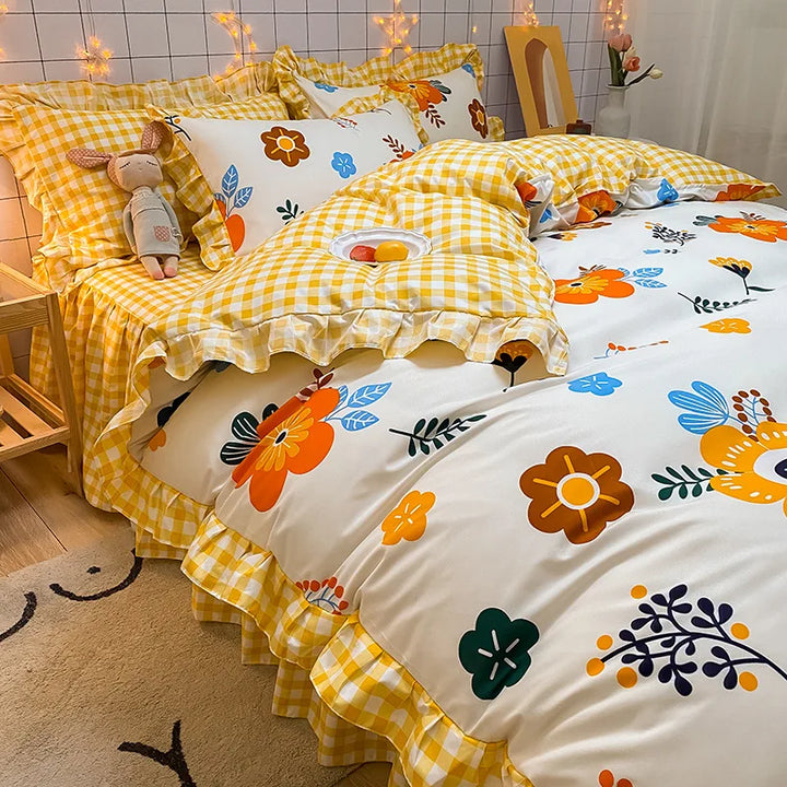 Lisslune | Korean-Vierteil-Set Herbst Winter Bettwäsche Prinzessinnenstil Spitzenbettbezug Blatt Frühling und Sommer Bett