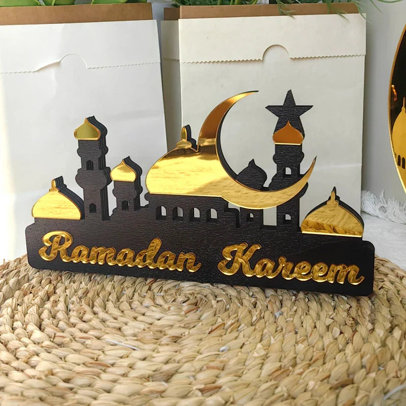 Rynx Ramadan Kareem Table Ornament Wood Acrylic Eid Mubarak Moon Star Castle DIY Table Decoration Islamic Celebration Home Decor