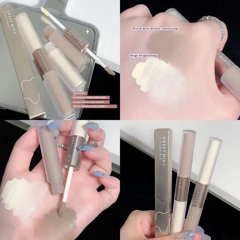 Rynx | Double head high gloss 2 In 1 skin brightening warm toned face shading grooming powder makeup face contouring bronzer cosmetics