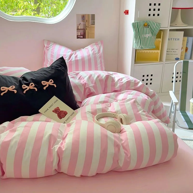 Rynx | Korean Bedding Set INS Girls Striped Soft Washed Cotton Bed Sheet Set Queen King Size Duvet Set Pillowcases Bed Linen