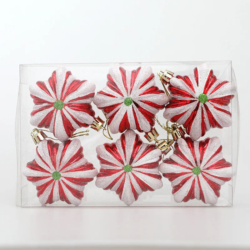 Rynx 6pcs/box Christmas Tree Pendant Red Star Candy Snowflake Xmas Ball Ornament New Year 2025 Home Decoration Noel Gift Navidad