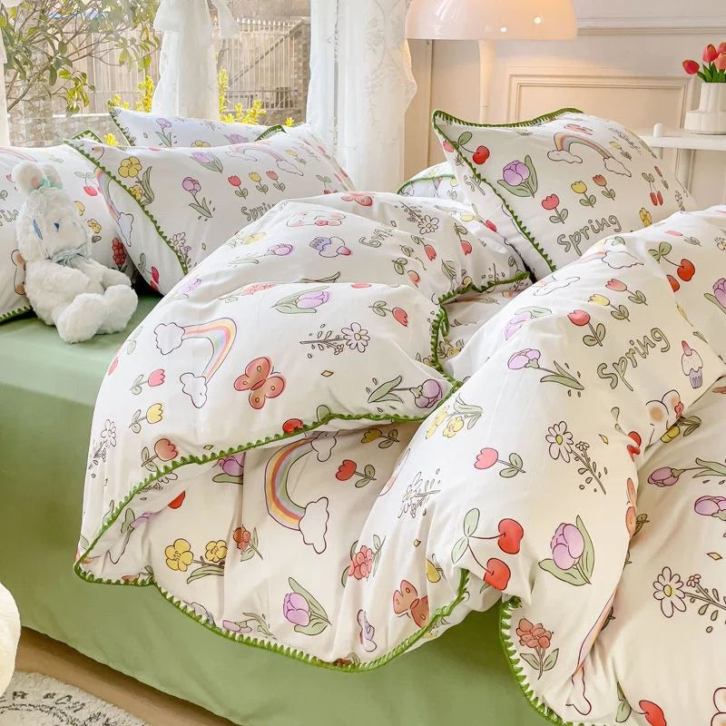 Rynx Pastoral Girls Flower Bedding Sets, Washed Cotton Bedding, Soft Comforter Bedding Set, Simple Bedspread, Home Textiles
