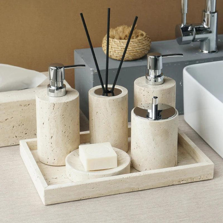 Lisslune | Natural Beige Travertine Luxury Bathroom Accessory Collection - Soap Dispenser, Bowl, Reed Diffuser & Makeup Tray Set