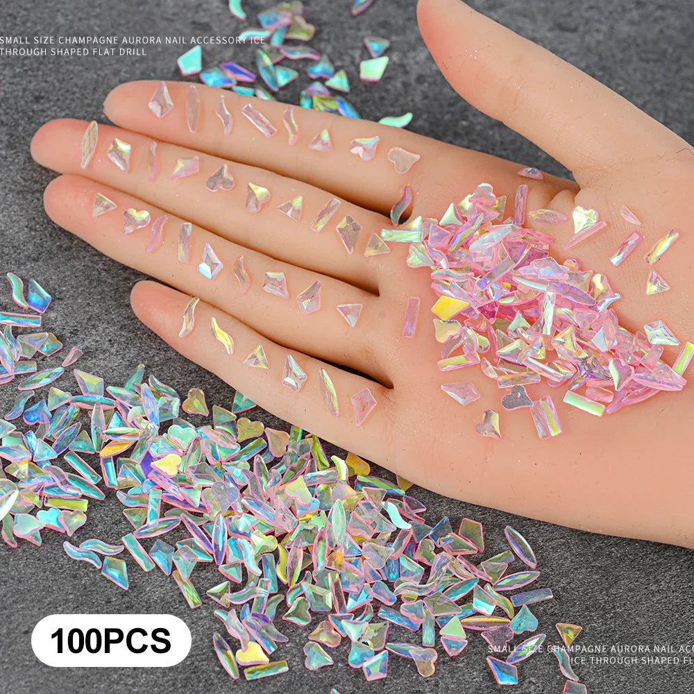 Rynx | 100 Pieces 3D Irregular Aurora Crystal Rhinestones Multi Shapes Aurora Nail Gems 6 Colors Flat Back Shiny Nail Art Rhinestones Charms