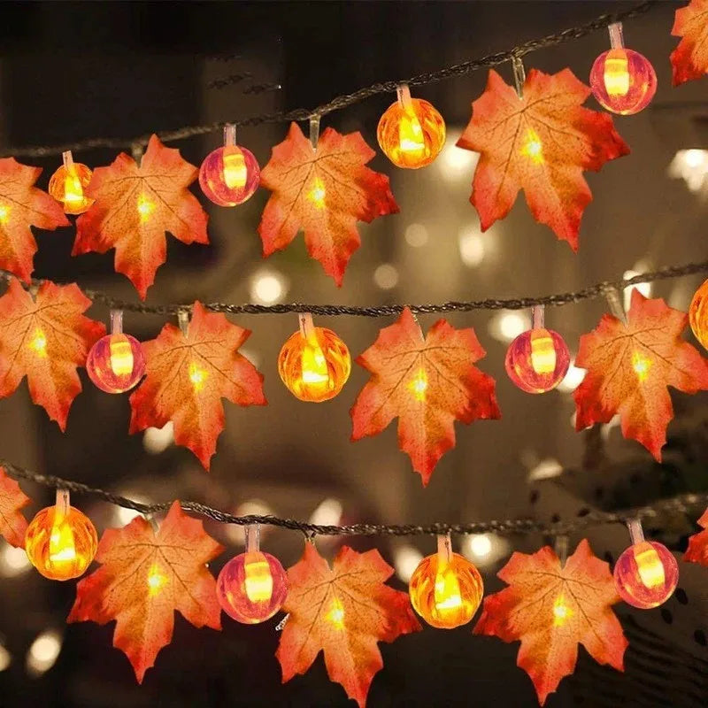 Rynx | Artificial Autumn Maple Leaves Pumpkin Garland LED Fairy String Light Christmas Thanksgiving Decoration DIY Halloween Party Home