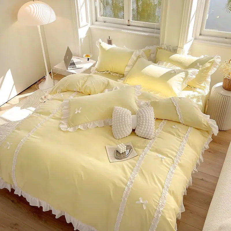 Rynx | Princess Style Duvet Cover Set with Bed Sheet Pillowcases Korean Green Pink Girls Gift Spring Single Queen Size Bedding Set