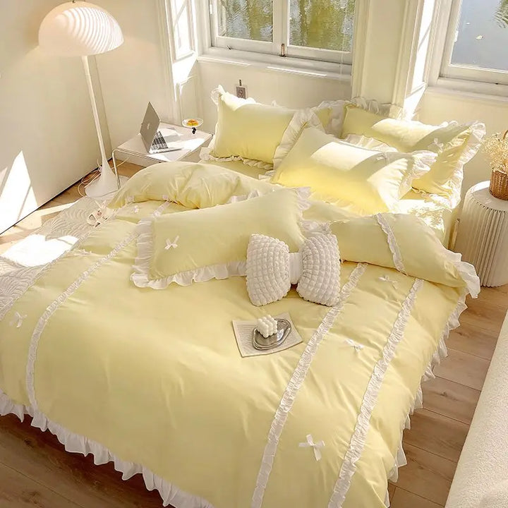 Rynx | Princess Style Duvet Cover Set with Bed Sheet Pillowcases Korean Green Pink Girls Gift Spring Single Queen Size Bedding Set