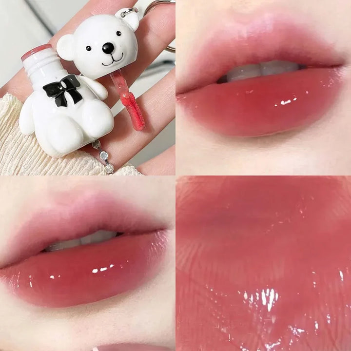 Rynx | Cute White Bear Keychain Glass Mirror Lipstick 6 Colors Sexy Jelly Red Liquid Lipsticks Waterproof Long-lasting Lip Lacquer Cosmetics