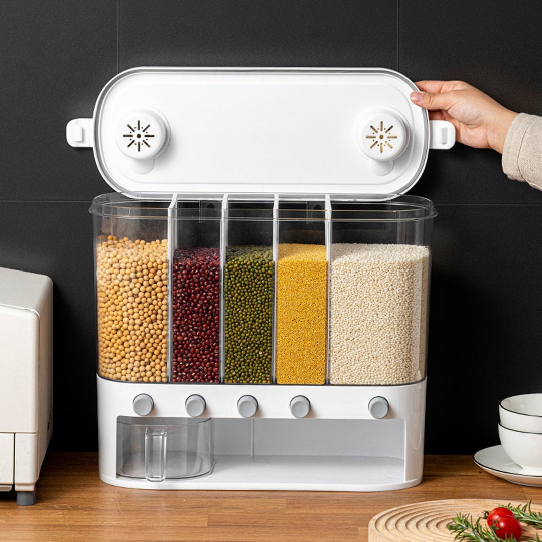 Lisslune | Slim wall-mounted 5-grid rice dispenser - 12L capacity in elegant white