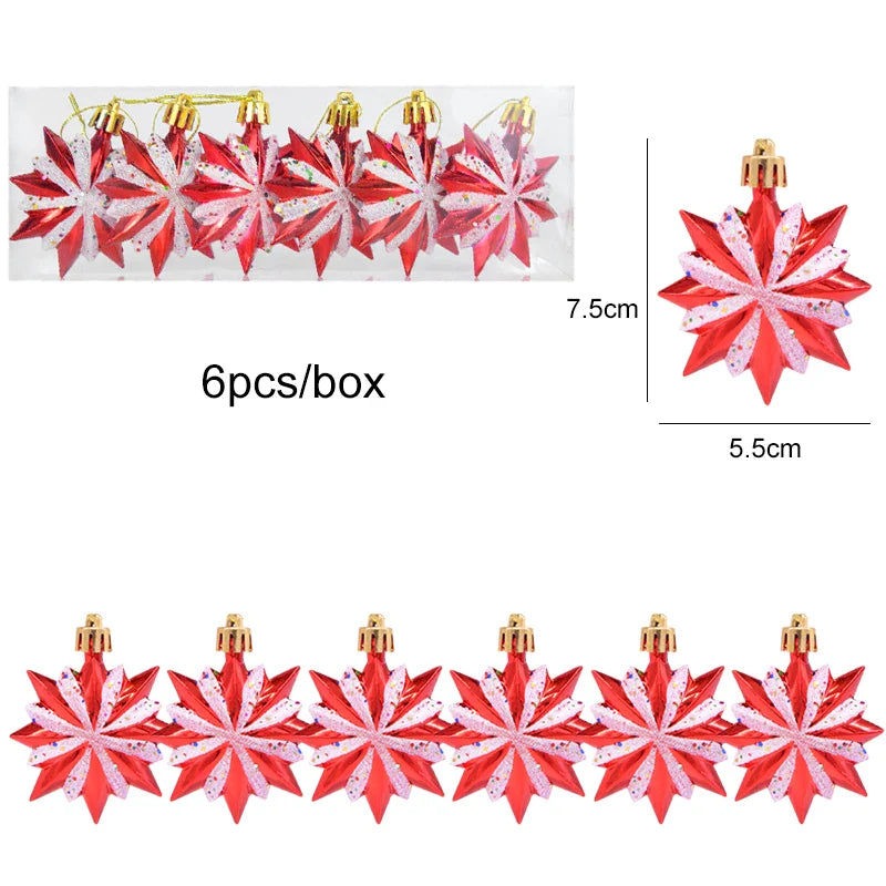 Rynx 6pcs/box Christmas Tree Pendant Red Star Candy Snowflake Xmas Ball Ornament New Year 2025 Home Decoration Noel Gift Navidad