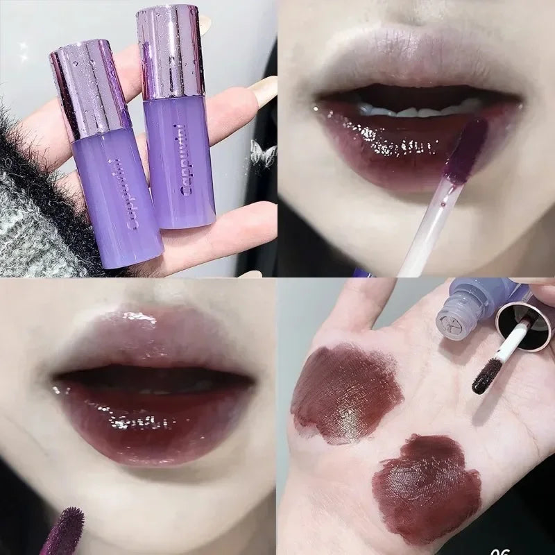 Rynx | Mirror Water Lip Glaze Tint Dark Mulberry Lip Gloss Purple Red Clear Moisturizing Gel Long-lasting Non-sticky Liquid Lipsticks Oil