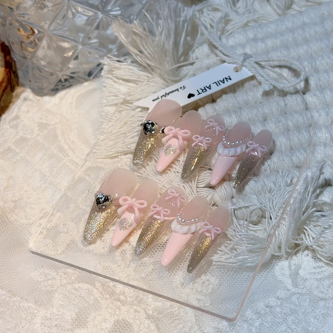 Rynx | 10 Pieces Pink Bow Artificial Nails Glitter Powder Decor Sweet French Stick-on Nails for Women Girls Portable Handmade Korean Artificial Nail Tips