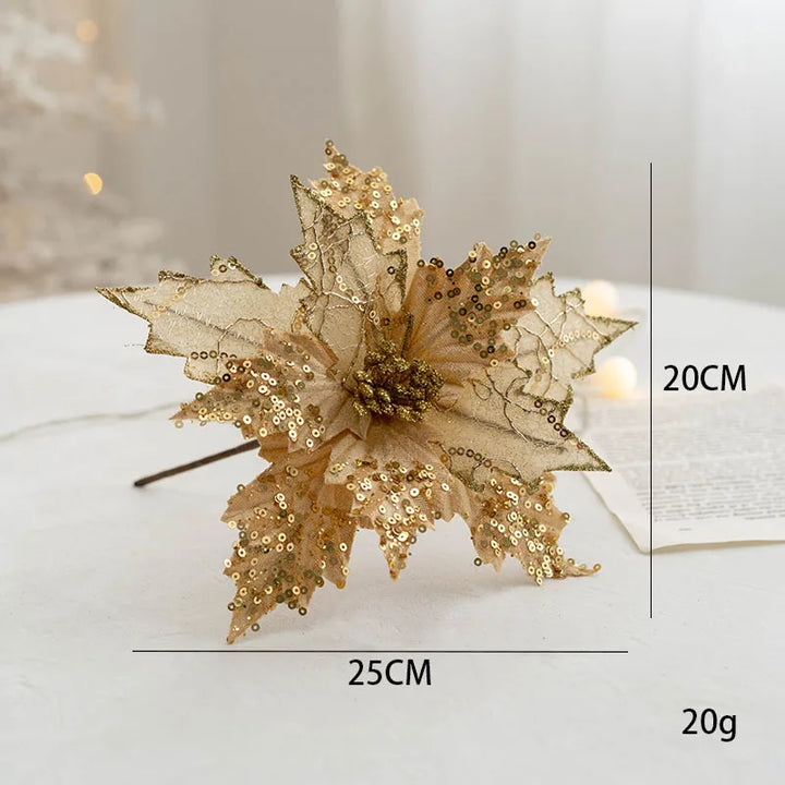Rynx | 1PC Christmas Gold Silver Artificial Flower Christmas Tree Sequin Artificial Flowers DIY Decorations for Festival Party New Year Decoration