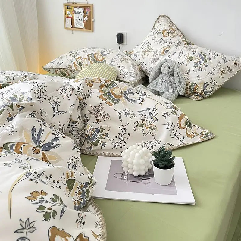Rynx | Bedding set INS Girls Cherry Soft washed cotton bed sheet Queen King size duvet set Comforter set pillowcase bedding
