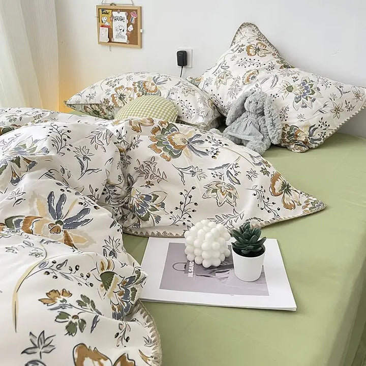Rynx | Bedding set INS Girls Cherry Soft washed cotton bed sheet Queen King size duvet set Comforter set pillowcase bedding